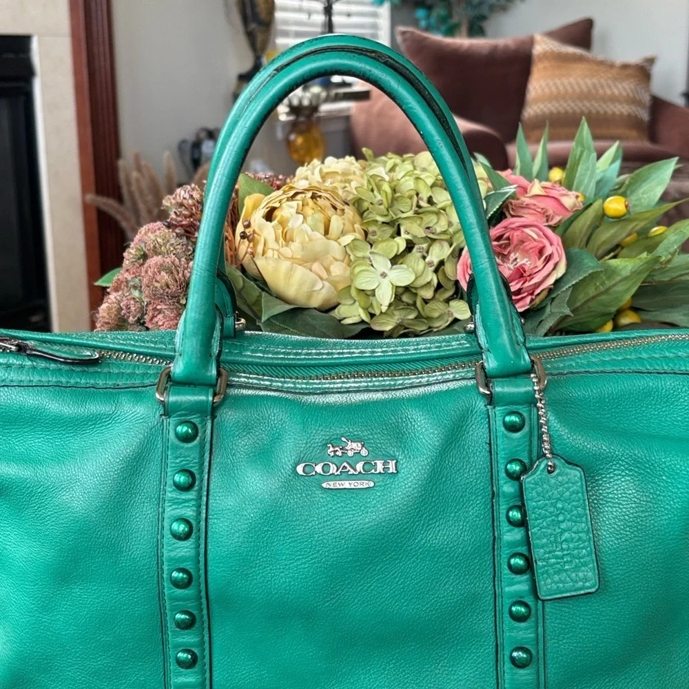 Coach Green Leather Handbag Central Satchel Rivet Leaf Enamel Studded